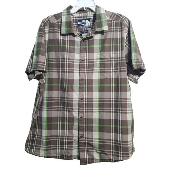 North Face Brown Green Plaid Button Short Sleeve Shirt Size XXL - Picture 1 of 5